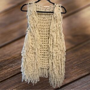 Phanuel Small Boho Thick Fringe Open Cardigan Cream Knit Vest